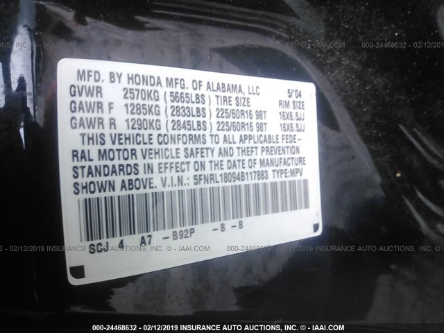 5FNRL18094B117883 - 2004 HONDA ODYSSEY EXL BLACK photo 9