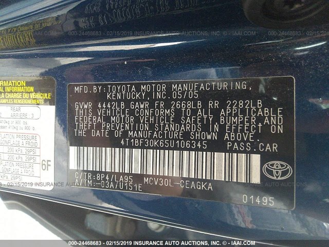 4T1BF30K65U106345 - 2005 TOYOTA CAMRY LE/XLE/SE BLUE photo 9