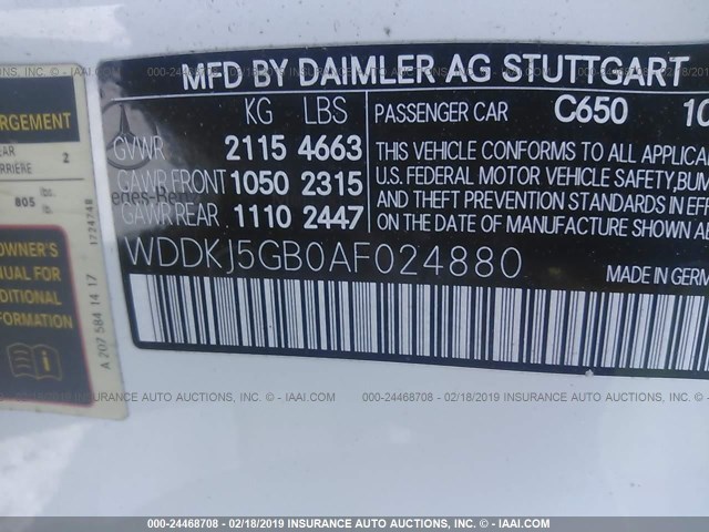 WDDKJ5GB0AF024880 - 2010 MERCEDES-BENZ E 350 WHITE photo 9