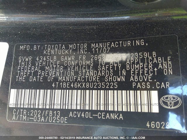 4T1BE46KX8U235225 - 2008 TOYOTA CAMRY CE/LE/XLE/SE BLACK photo 9