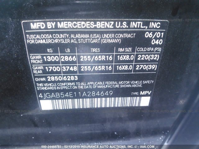 4JGAB54E11A284649 - 2001 MERCEDES-BENZ ML 320 BLACK photo 9