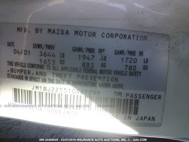 JM1BJ225510461299 - 2001 MAZDA PROTEGE LX/ES თეთრი ფოტო 9