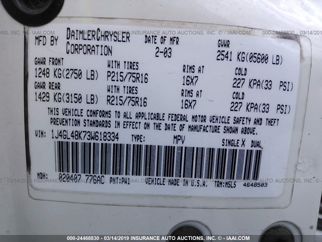 1J4GL48K73W618334 - 2003 JEEP LIBERTY SPORT/FREEDOM WHITE photo 9