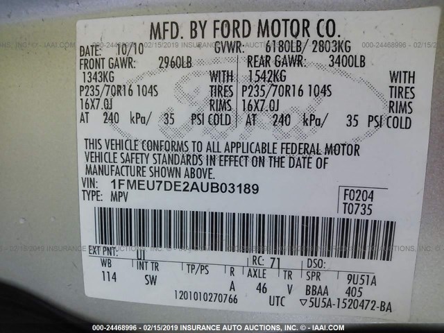 1FMEU7DE2AUB03189 - 2010 FORD EXPLORER XLT SILVER photo 9