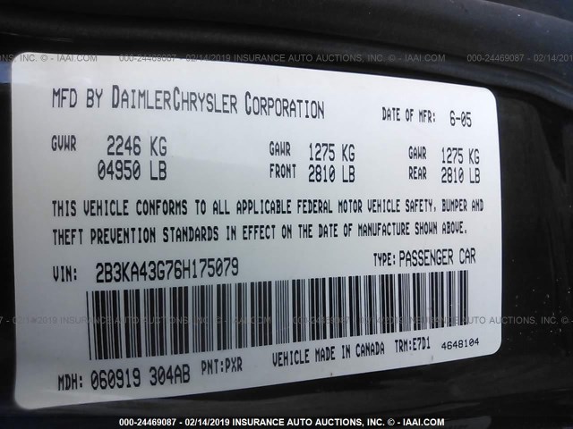 2B3KA43G76H175079 - 2006 DODGE CHARGER SE/SXT BLACK photo 9