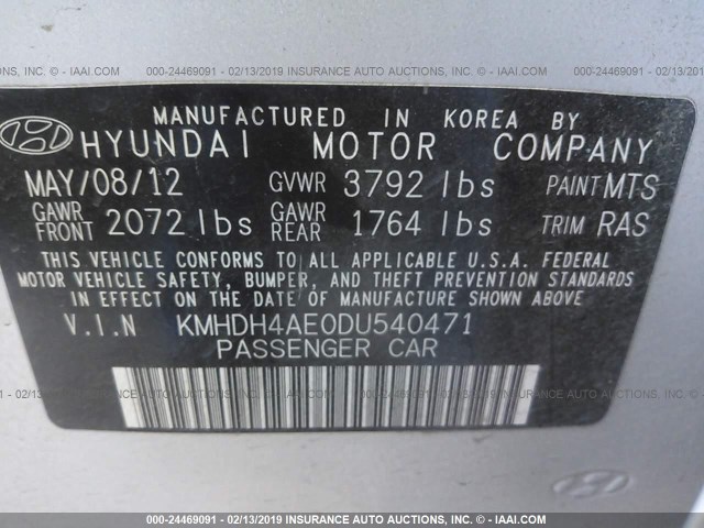 KMHDH4AE0DU540471 - 2013 HYUNDAI ELANTRA GLS/LIMITED SILVER photo 9