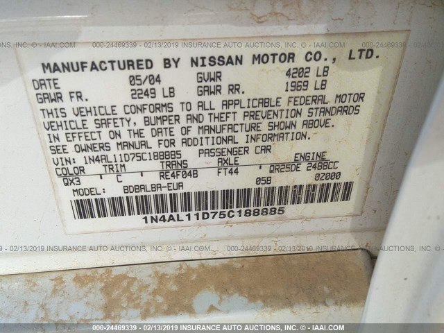 1N4AL11D75C188885 - 2005 NISSAN ALTIMA S/SL WHITE photo 9