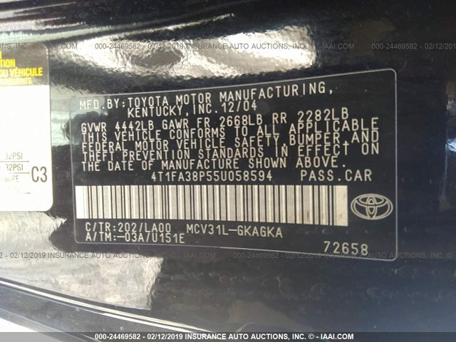 4T1FA38P55U058594 - 2005 TOYOTA CAMRY SOLARA SE/SLE BLACK photo 9