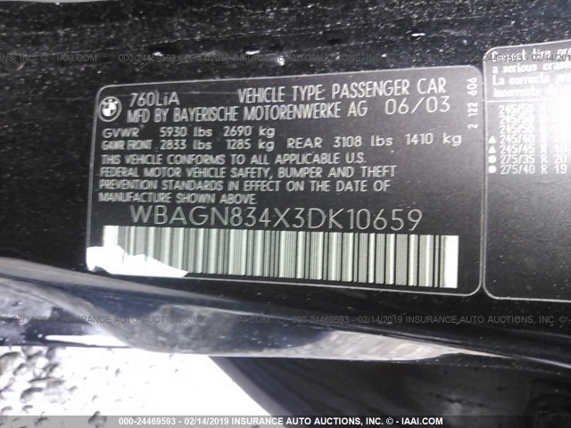 WBAGN834X3DK10659 - 2003 BMW 760 LI BLACK photo 9