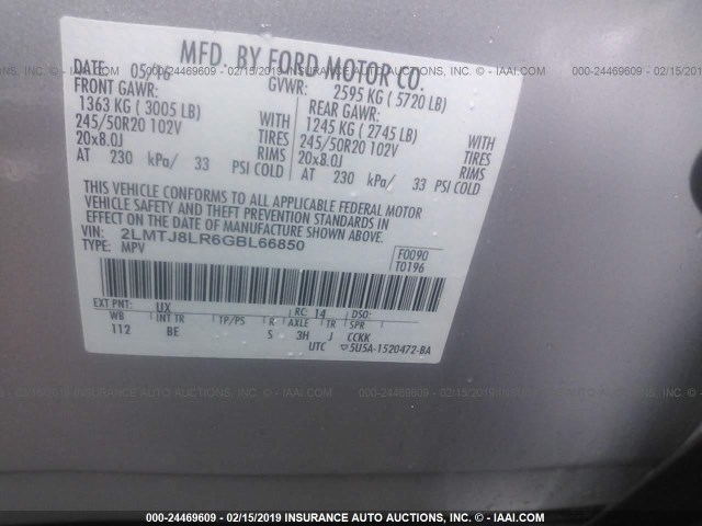 2LMTJ8LR6GBL66850 - 2016 LINCOLN MKX RESERVE 银色 照片 9