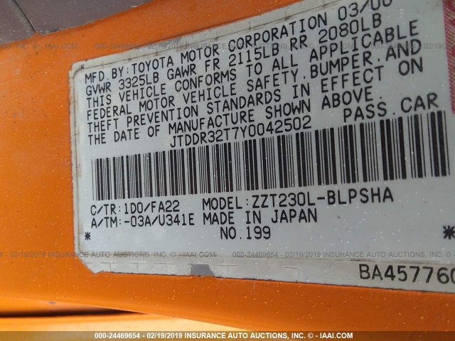 JTDDR32T7Y0042502 - 2000 TOYOTA CELICA GT ORANGE photo 9