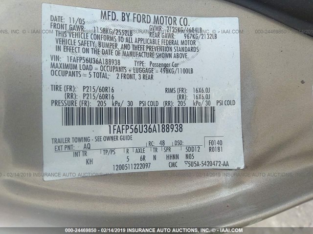 1FAFP56U36A188938 - 2006 FORD TAURUS SEL TAN photo 9