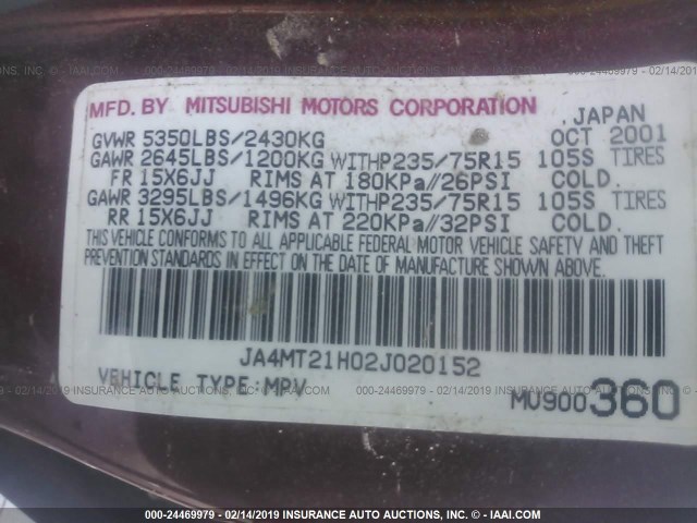 JA4MT21H02J020152 - 2002 MITSUBISHI MONTERO SPORT ES/SPORT LS MAROON photo 9