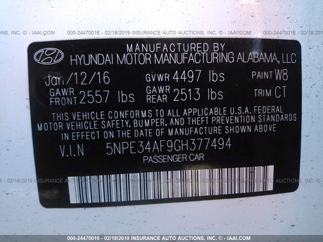 5NPE34AF9GH377494 - 2016 HYUNDAI SONATA SPORT/LIMITED WHITE photo 9