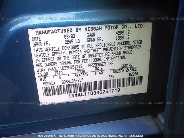 1N4AL11D33C251719 - 2003 NISSAN ALTIMA S/SL BLUE photo 9