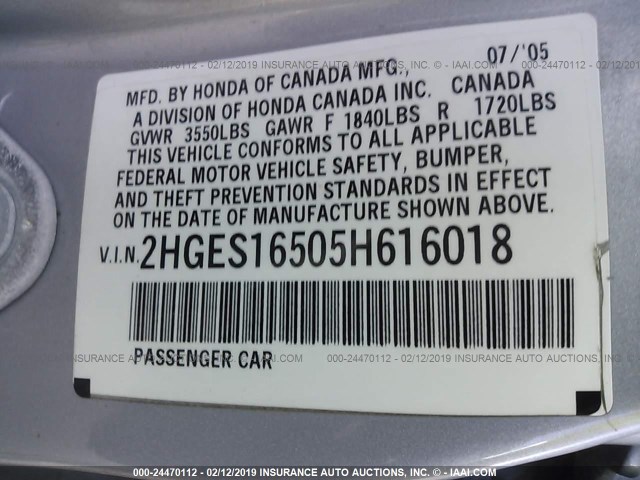 2HGES16505H616018 - 2005 HONDA CIVIC LX SILVER photo 9