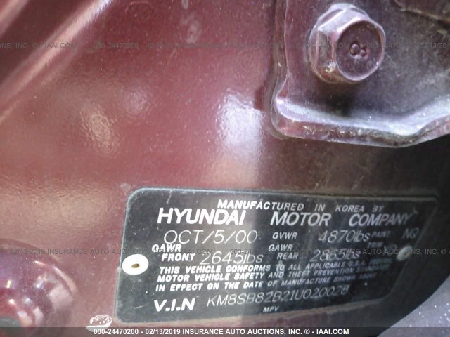 KM8SB82B21U020028 - 2001 HYUNDAI SANTA FE RED photo 9