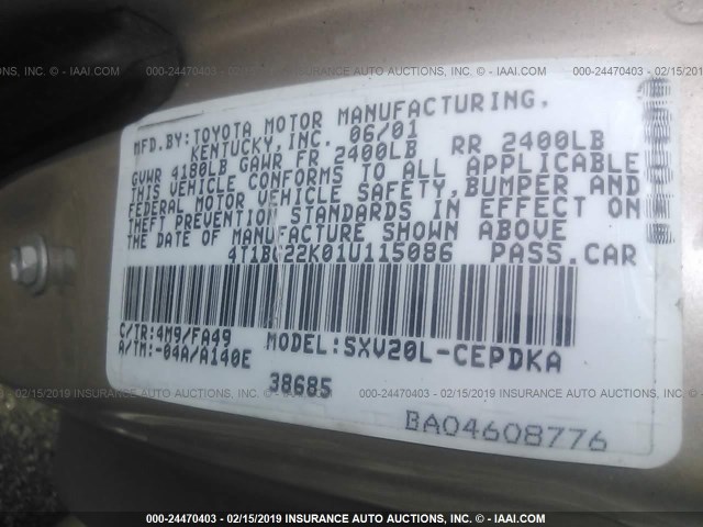 4T1BG22K01U115086 - 2001 TOYOTA CAMRY CE/LE/XLE 金色 照片 9