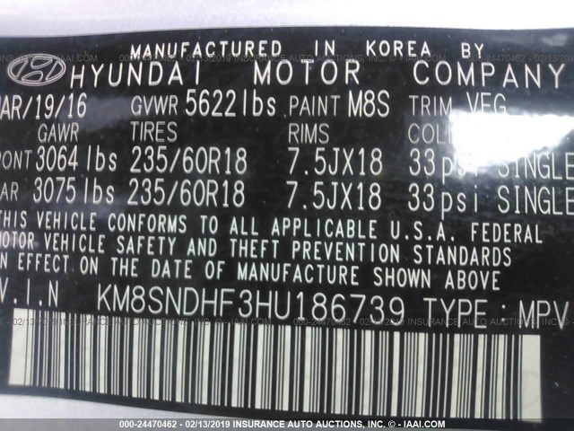 KM8SNDHF3HU186739 - 2017 HYUNDAI SANTA FE SE/LIMITED SILVER photo 9