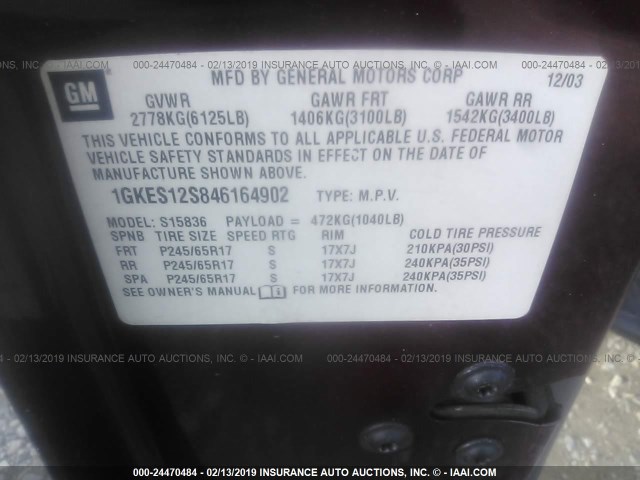 1GKES12S846164902 - 2004 GMC ENVOY XUV BURGUNDY photo 9