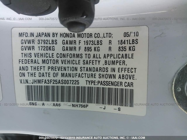 JHMFA3F25AS007225 - 2010 HONDA CIVIC HYBRID WHITE photo 9