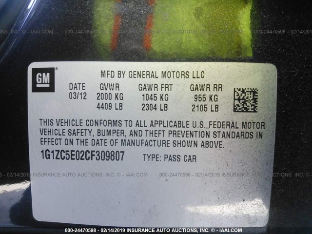 1G1ZC5E02CF309807 - 2012 CHEVROLET MALIBU 1LT BLACK photo 9