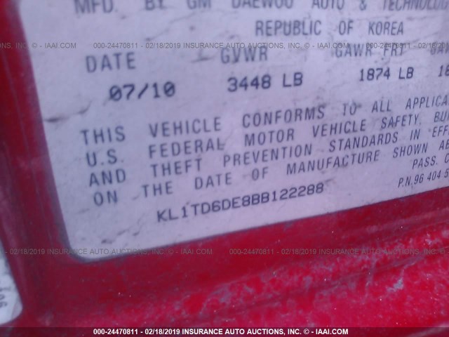 KL1TD6DE8BB122288 - 2011 CHEVROLET AVEO LS/LT RED photo 9