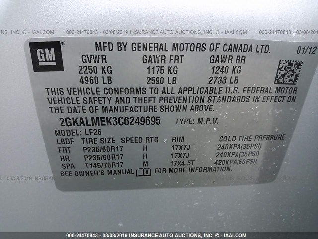 2GKALMEK3C6249695 - 2012 GMC TERRAIN SLE SILVER photo 9