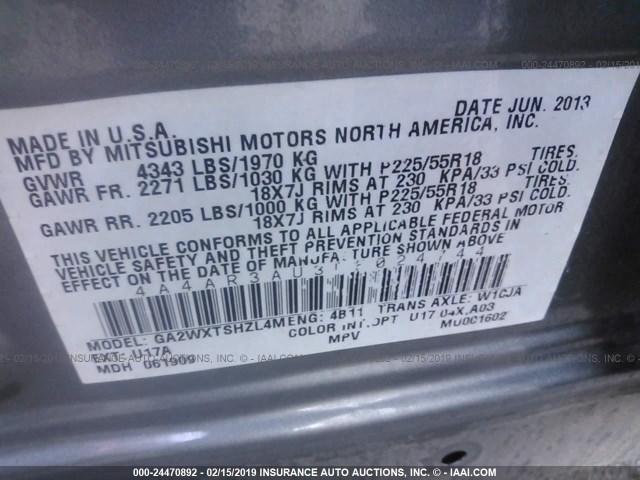 4A4AR3AU3DE024744 - 2013 MITSUBISHI OUTLANDER SPORT ES GRAY photo 9