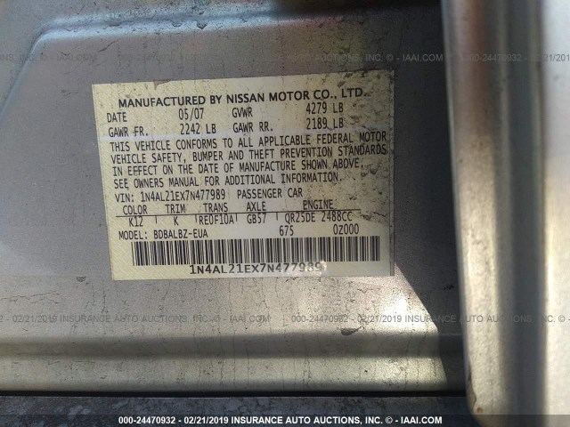 1N4AL21EX7N477989 - 2007 NISSAN ALTIMA 2.5/2.5S SILVER photo 9