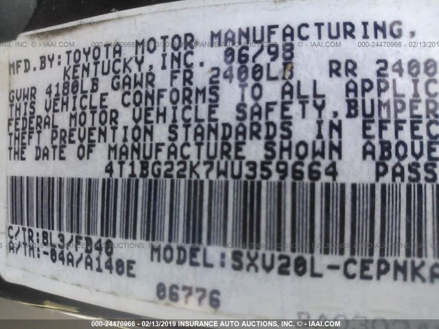 4T1BG22K7WU359664 - 1998 TOYOTA CAMRY CE/LE/XLE 蓝色 照片 9