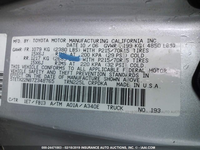 5TETX22N87Z348765 - 2007 TOYOTA TACOMA ACCESS CAB ვერცხლისფერი ფოტო 9