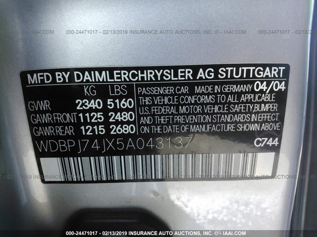 WDBPJ74JX5A043137 - 2005 MERCEDES-BENZ CL 55 AMG SILVER photo 9