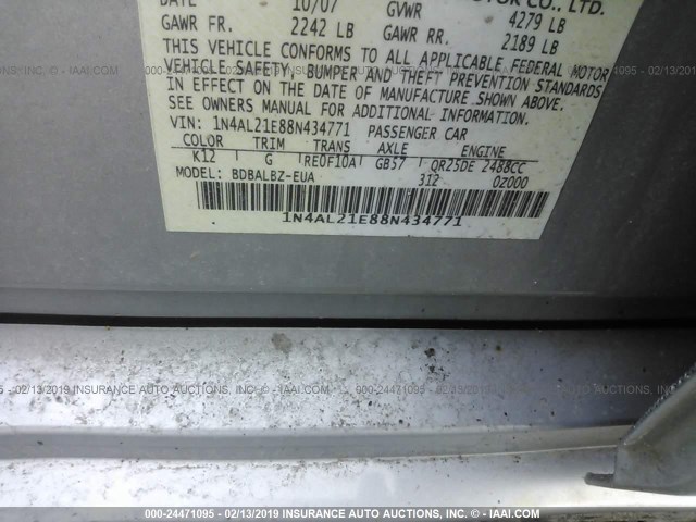 1N4AL21E88N434771 - 2008 NISSAN ALTIMA 2.5/2.5S SILVER photo 9