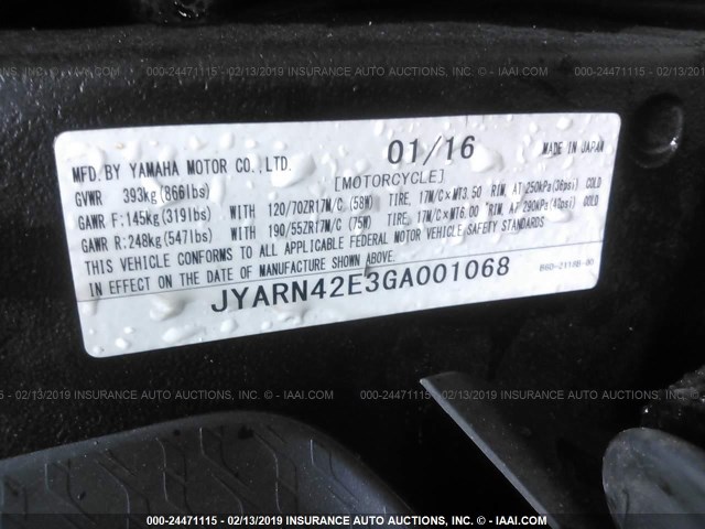 JYARN42E3GA001068 - 2016 YAMAHA YZFR1S GRAY photo 10