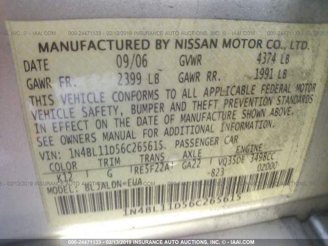 1N4BL11D56C265615 - 2006 NISSAN ALTIMA SE/SL/SE-R SILVER photo 9