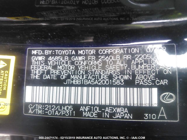 JTHBB1BA5A2001583 - 2010 LEXUS HS 250H BLACK photo 9