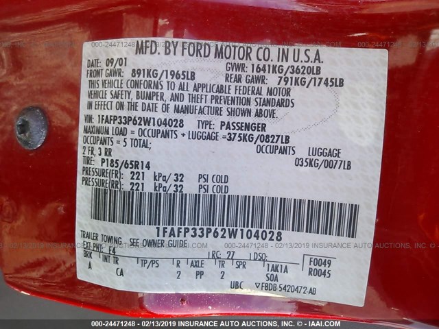 1FAFP33P62W104028 - 2002 FORD FOCUS LX RED photo 9