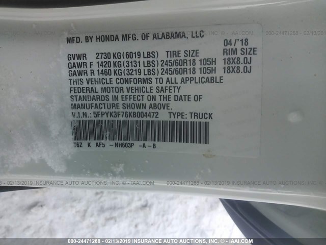 5FPYK3F76KB004472 - 2019 HONDA RIDGELINE RTL WHITE photo 9