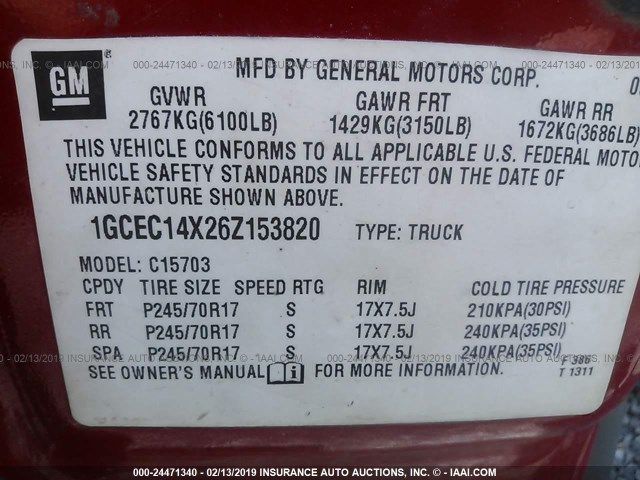 1GCEC14X26Z153820 - 2006 CHEVROLET SILVERADO C1500 RED photo 9