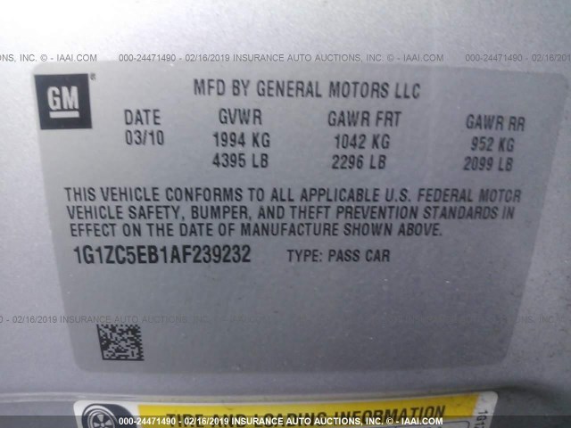 1G1ZC5EB1AF239232 - 2010 CHEVROLET MALIBU 1LT 银色 照片 9