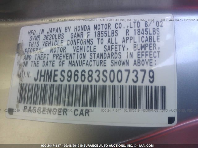 JHMES96683S007379 - 2003 HONDA CIVIC HYBRID GOLD photo 9