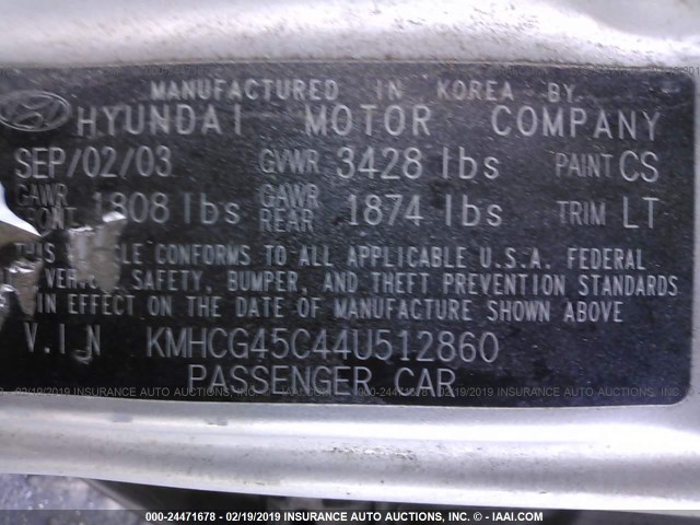 KMHCG45C44U512860 - 2004 HYUNDAI ACCENT GL SILVER photo 9