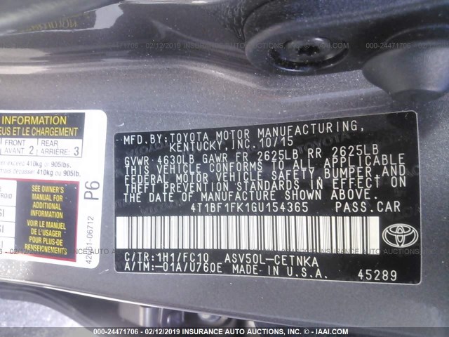 4T1BF1FK1GU154365 - 2016 TOYOTA CAMRY LE/XLE/SE/XSE GRAY photo 9