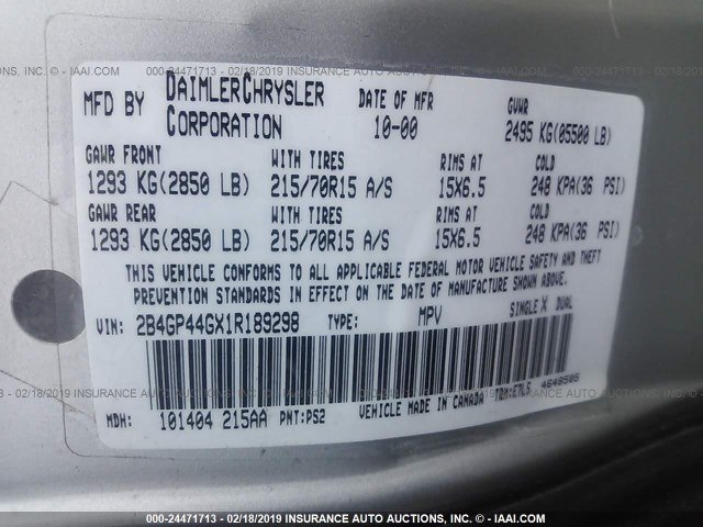 2B4GP44GX1R189298 - 2001 DODGE GRAND CARAVAN SPORT SILVER photo 9