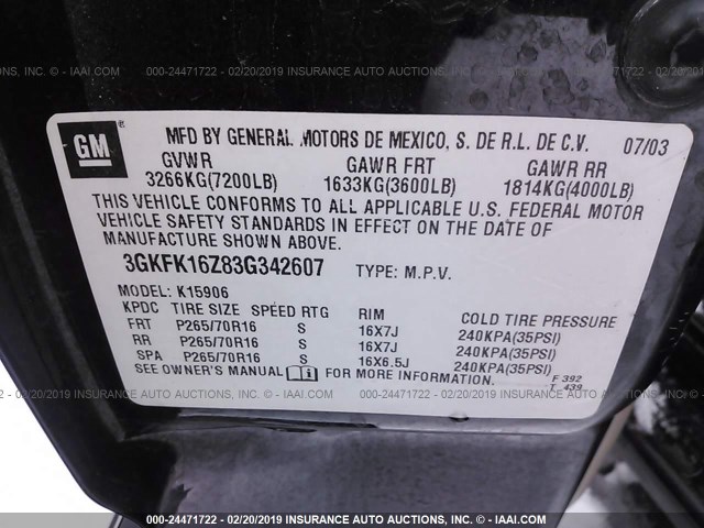 3GKFK16Z83G342607 - 2003 GMC YUKON XL K1500 BLACK photo 9