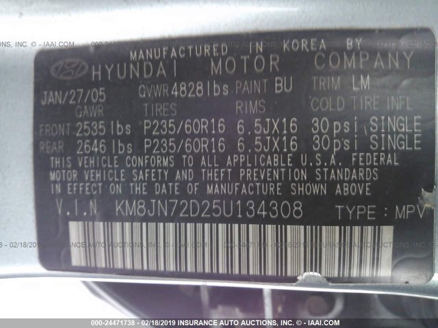 KM8JN72D25U134308 - 2005 HYUNDAI TUCSON GLS/LX TEAL photo 9