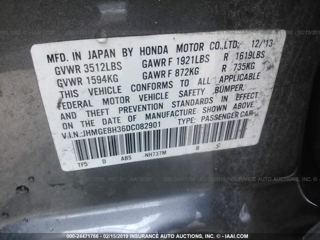 JHMGE8H36DC082901 - 2013 HONDA FIT GRAY photo 9