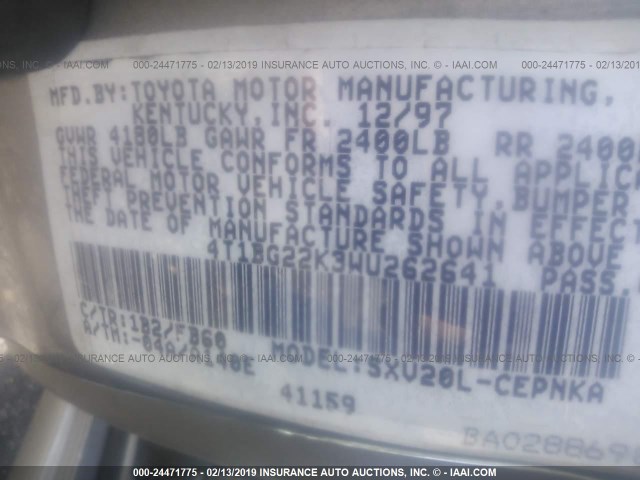 4T1BG22K3WU262641 - 1998 TOYOTA CAMRY CE/LE/XLE BEIGE photo 9