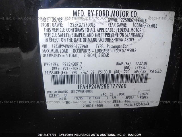 1FAHP24W28G177960 - 2008 FORD TAURUS SEL BLUE photo 9